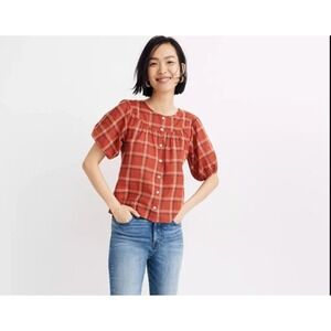 Madewell Womens Plaid Button Down Short Sleeve Shirt Size S Brown Peasant Prarie